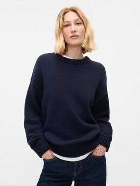 Gap 100% Cotton Oversized Boyfriend Sweater Crew Neck Navy Blue Small NWT